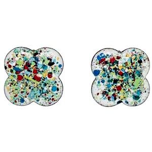 Rainbow Paint Splatter Button Earrings 7/8"  Screw Back  EDM Art Deco Punk